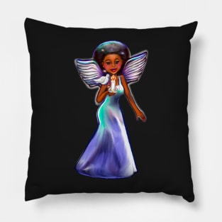 Angel with dove and candle. Black angel of peace ! With glow, Afro hair, brown eyes, Cherry pink lips and dark brown skin. Hair love ! Pillow