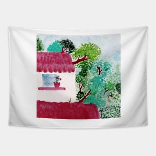 House in the forest, trees, watercolor Tapestry