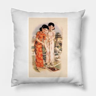 Two Beautiful Ladies Playing Golf Wall Decor Vintage Chinese Art Pillow