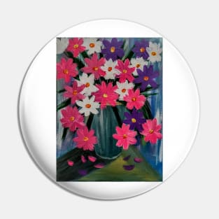 Some bright and colorful abstract flowers in a turquoise vase. Pin