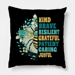 Bee Kind, Brave, Grateful, Patient and Joyful – Floral, Yellow & Teal Pillow