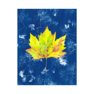 Yellow watercolour autumn leaf on a blue cyanotype background T-Shirt