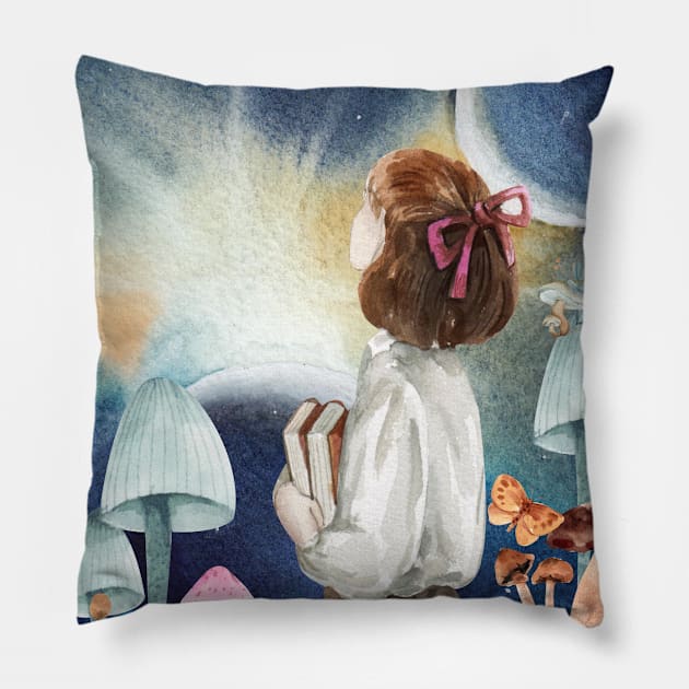 Psychedelic Girl in Deep Space with Magic Mushrooms Pillow by Martsy