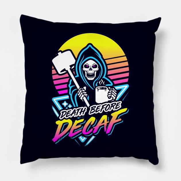 Death Before Decaf (Gym Reaper) Retro Neon Synthwave 80s 90s Pillow by brogressproject