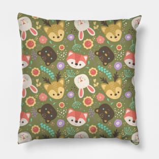 Cute Woodland Animals and Flowers Pattern Pillow