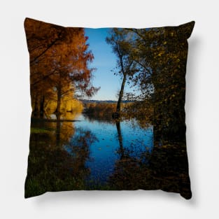 Photography color lake and sky, autumn fallen leaves Pillow