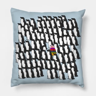 Black and White Penguins and a Rainbow Penguin Pillow