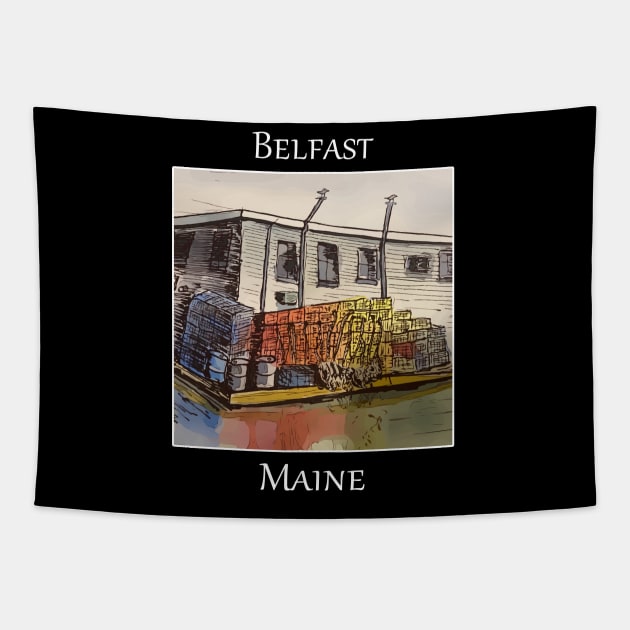 Lobster traps sitting the the dock, in Belfast Maine Tapestry by WelshDesigns