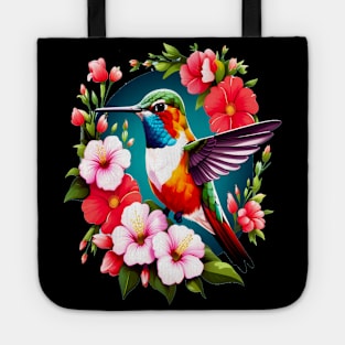 Cute Ruby Throated Hummingbird Surrounded by Spring Flowers Tote