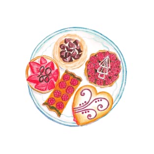 Cakes and Pastries Watercolour | Raspberry Tart | Meringue | Strawberry Tart | Puff Pastry T-Shirt