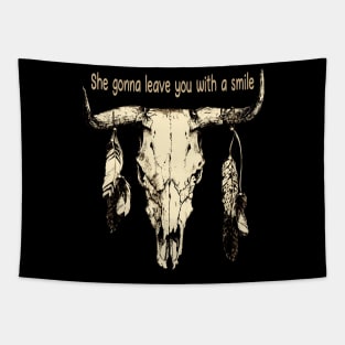 She Gonna Leave You With A Smile Feathers Bull Skull Tapestry