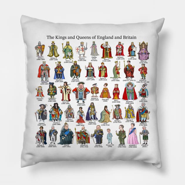 The Kings and Queens of England and Britain Pillow by Mackaycartoons