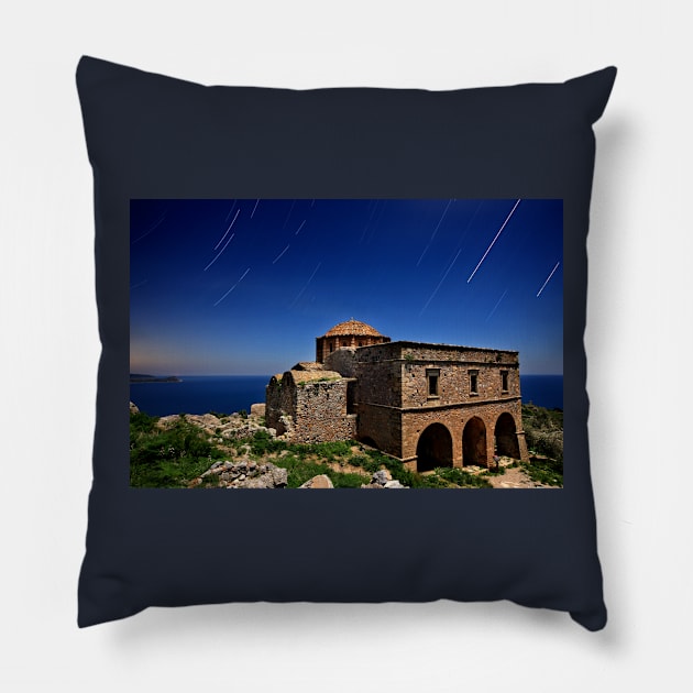 Startrails over Hagia Sophia - Monemvasia Pillow by Cretense72