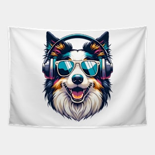 Grinning Border Collie as Smiling DJ with Headphones Tapestry