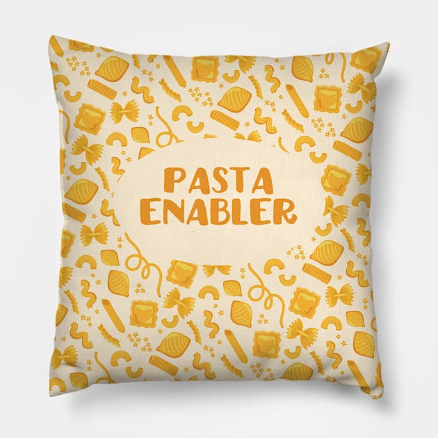 "Pasta Enabler" slogan + pattern of assorted pasta shapes on pale yellow Pillow by AtlasMirabilis