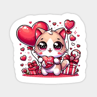 Adorable Valentine's Kitten with Heart Balloons Magnet