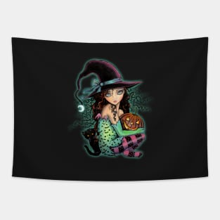 Halloween Hill Cute Witch Cat Pumpkin Tapestry