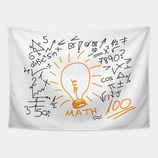 Hand drawn maths symbol and elements around orange bulb Tapestry