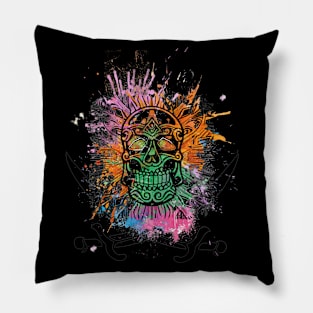 colorful skull on a paint-stained background Pillow