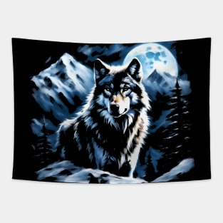 Wolf with Full Moon at Night Fantasy Tapestry