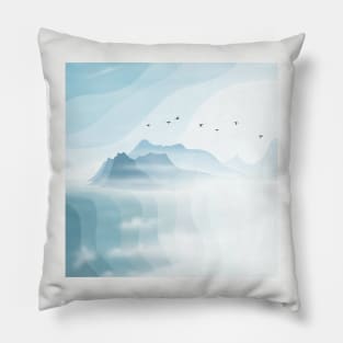 Blue Cloudy Mountainscape Digital Illustration Pillow