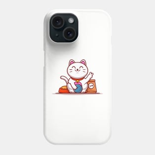 Cute Lucky Cat With Yarn Ball And Food Cartoon Vector Icon Illustration Phone Case