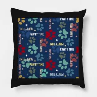 pawty time – paw prints on dark blue seamless repeat pattern Pillow