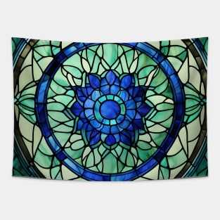 Green and blue stained glass mandala Tapestry