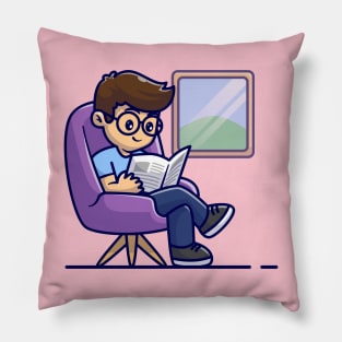 Man Reading Newspaper On Sofa Cartoon Pillow