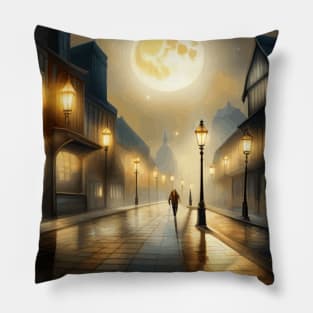 Moonlight Night Cityscape with Solitary Figure Pillow