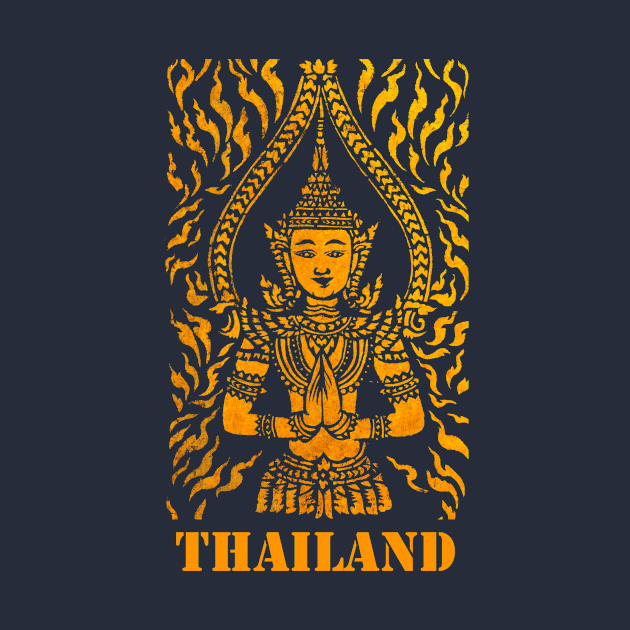 Ancient textured Thai classic gold textured angel mural from a very old Thai Buddhist temple with the word 'Thailand' underneath the image. by Earthworx