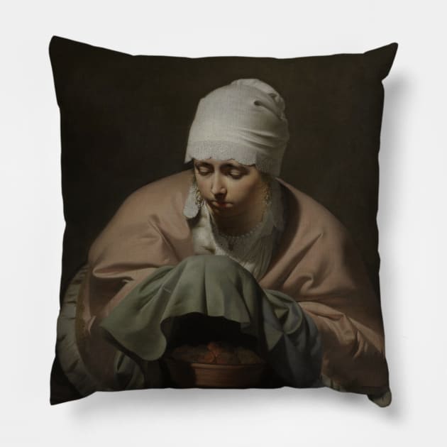 Young Woman Warming her Hands over a Brazier by Caesar van Everdingen Pillow by Classic Art Stall