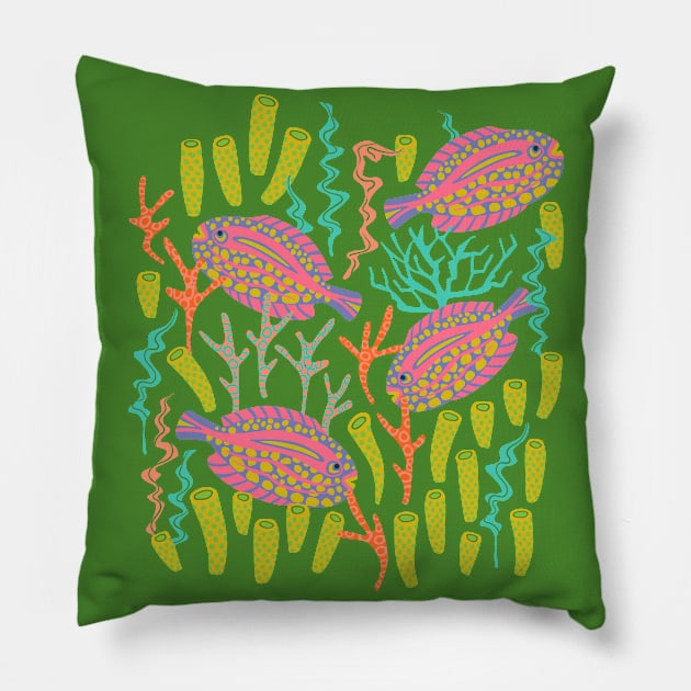 TROPICAL ZONE Coral Reef Fish Undersea Ocean Sea Creatures in Pink Purple Yellow Orange on Green - UnBlink Studio by Jackie Tahara Pillow by UnBlink Studio by Jackie Tahara