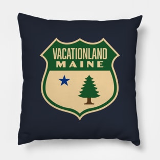 Vacationland Maine Retro Pine Tree Shield (Green) Pillow