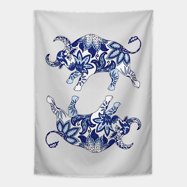 Paisley Oxen (Blue and Grey Palette) Tapestry by illucalliart