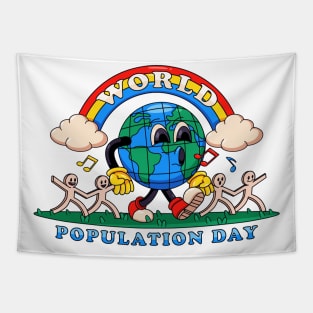 World population day, earth walks happily while holding on to paper humans Tapestry