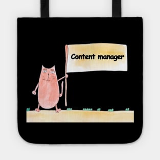 Content manager. Profession, work, job. Cat shows a banner with the inscription. Watercolor illustration. A gift for a professional. Tote