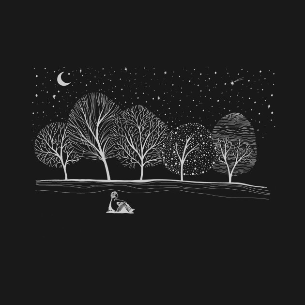 Night winter trees in the snow moon and lonely man by Lena Sfinks