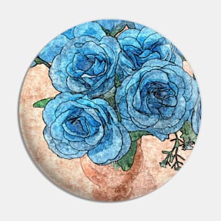 Shabby-Chic Vase of Blue Roses Flowers Bouquet Painting Pin