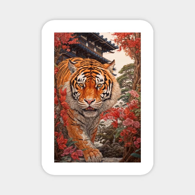 Red Flowers Tiger Magnet by berubettoart