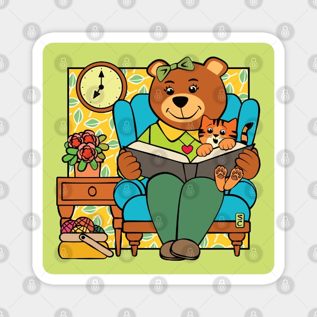 Maw Bear Reading to Cat Magnet by Sue Cervenka