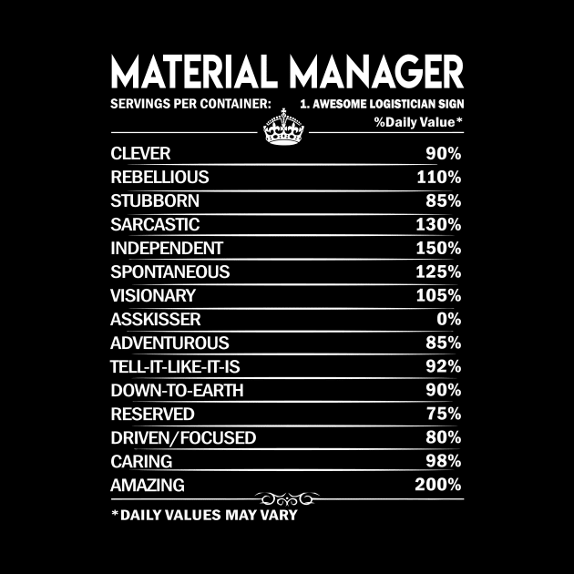 Material Manager T Shirt - Material Manager Factors Daily Gift Item Tee by Jolly358