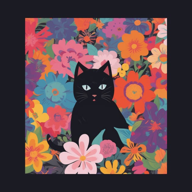 Bewitching Blooms, Black Cat in a Vibrant Garden by Sieve's Weave's