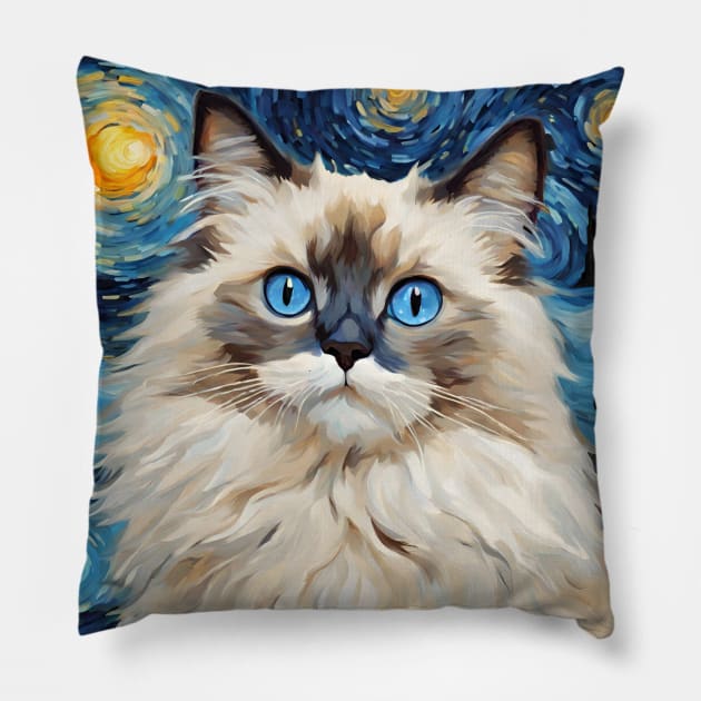 Cute Ragdoll Cat Breed Painting in a Van Gogh Starry Night Art Style Pillow by Art-Jiyuu