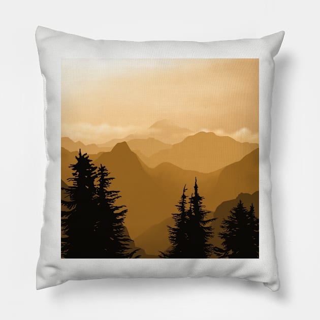 Bright Yellow Landscape, Tree Silhouettes, Digital Illustration Pillow by AlmightyClaire