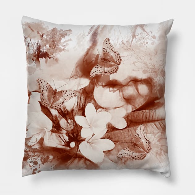 Sepia toned tropical flowers and butterflies Pillow by hereswendy