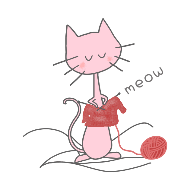 Pink Knitting Cat - White by Design Fern