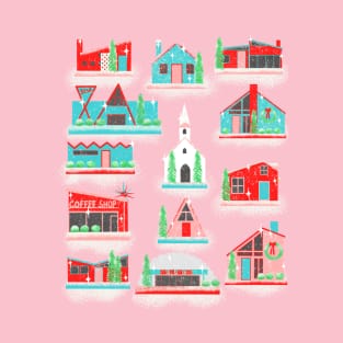 Red, Turquoise and Pink Putz village with snow T-Shirt