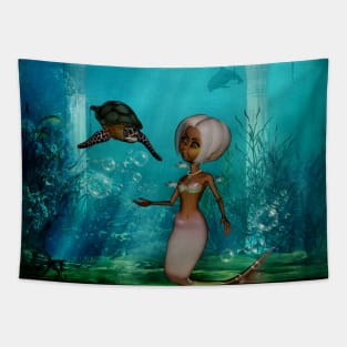 Cute little mermaid with turtle Tapestry