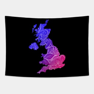 Colorful mandala art map of United Kingdom with text in blue and violet Tapestry